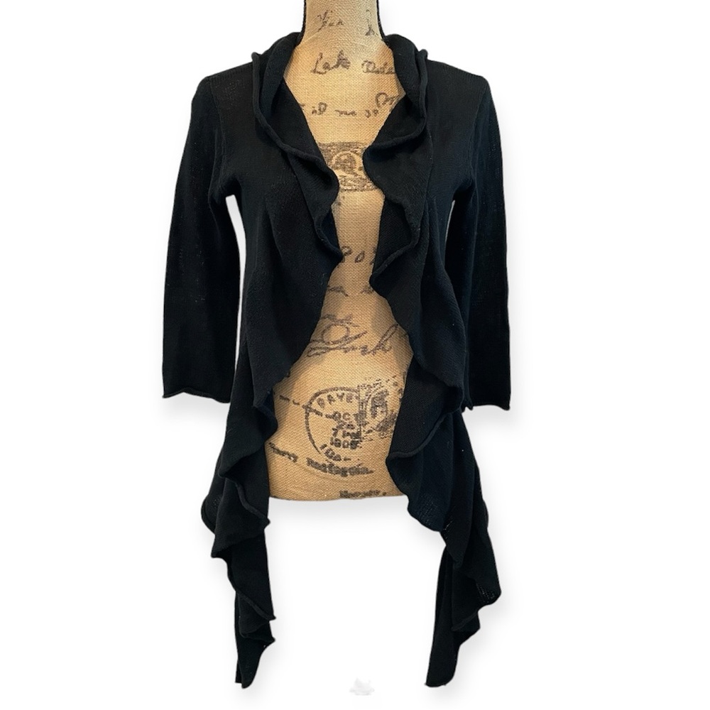 LINE THE LABEL Black Cotton Open Ruffle Cardigan Sweater Small